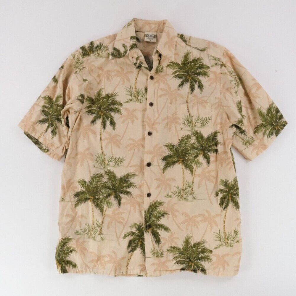 GO BAREFOOT Mens MEDIUM Tan Palm Tree Floral Hawaiian Button Down Shirt USA